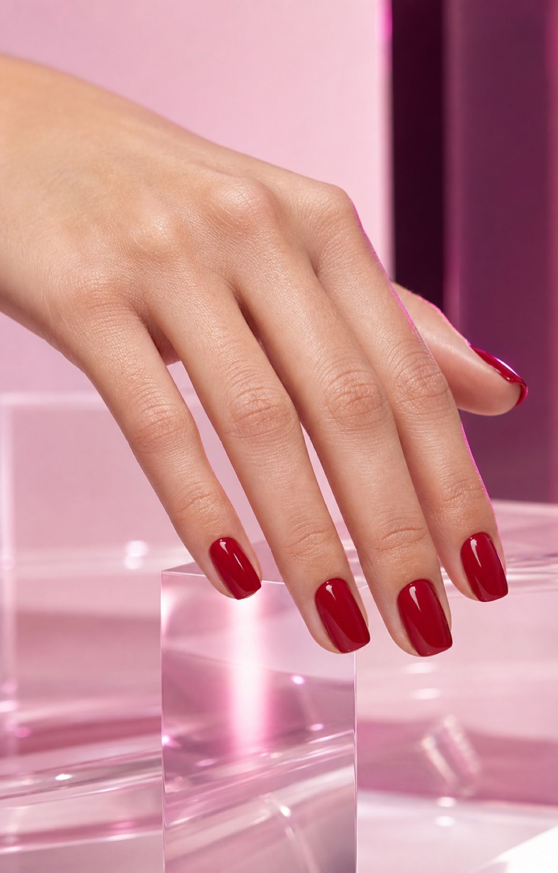 Glossy cherry red manicure against a blush pink studio background