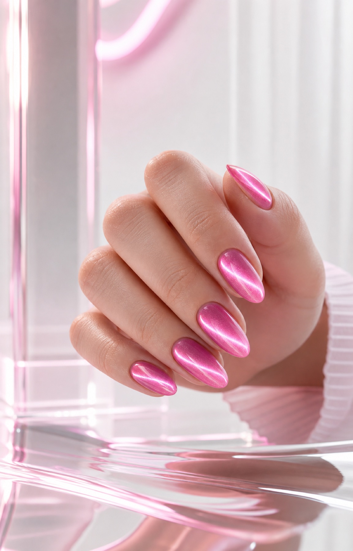 Glossy electric pink cat-eye manicure